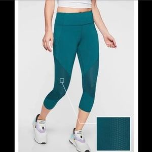 Athleta Leggings Contend Capri Mesh Zip Pocket Turquoise Green Blue High Waist L